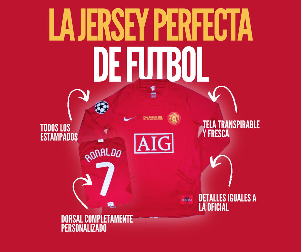 Jersey Manchester United 2008 manga larga rojo Ronaldo 7 retro con detalles Final Moscú y tela transpirable.